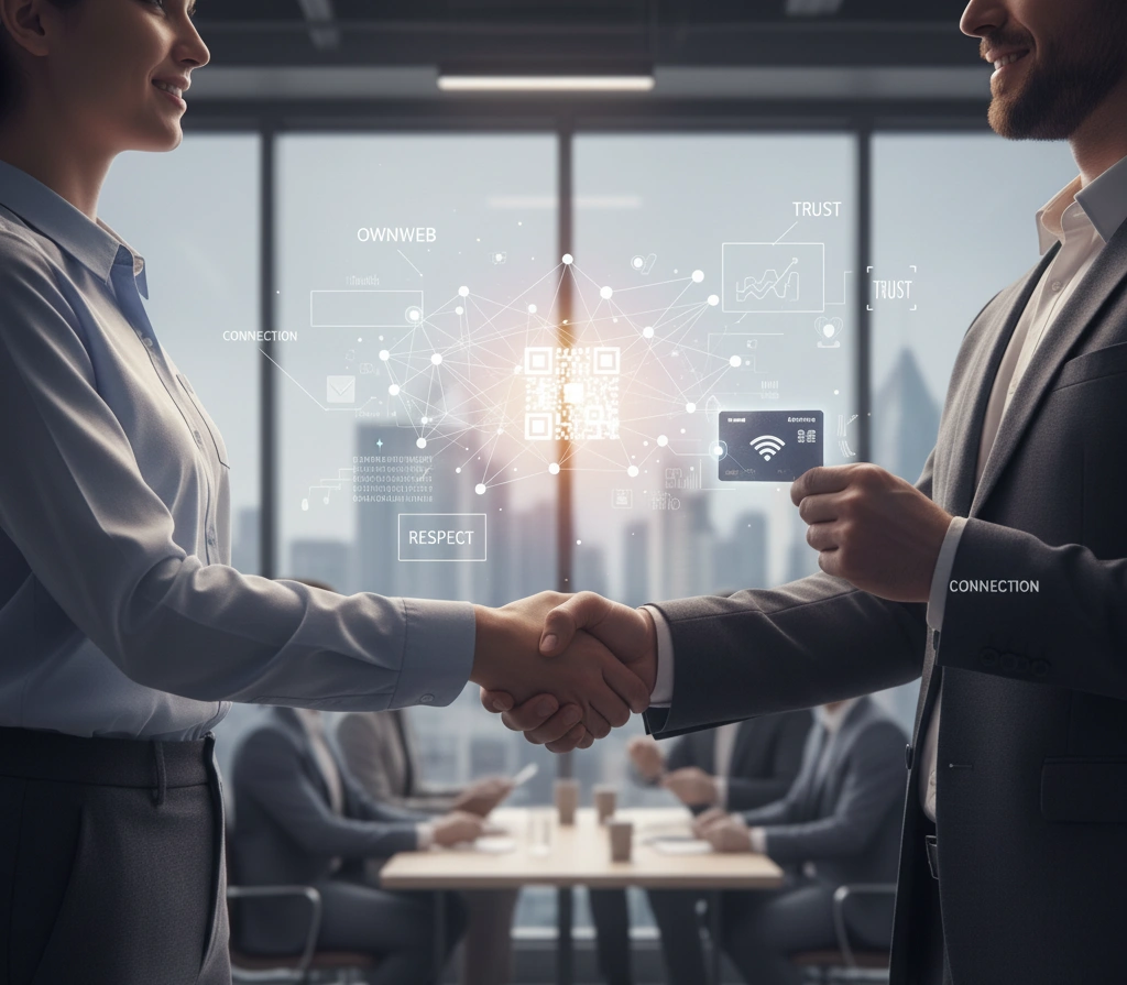 شبکه سازی استراتژیک: راهنمای جامع ارتباطات هوشمند 1 A professional man and woman building a relationship through strategic networking, symbolized by a handshake and an NFC smart business card, creating digital trust.